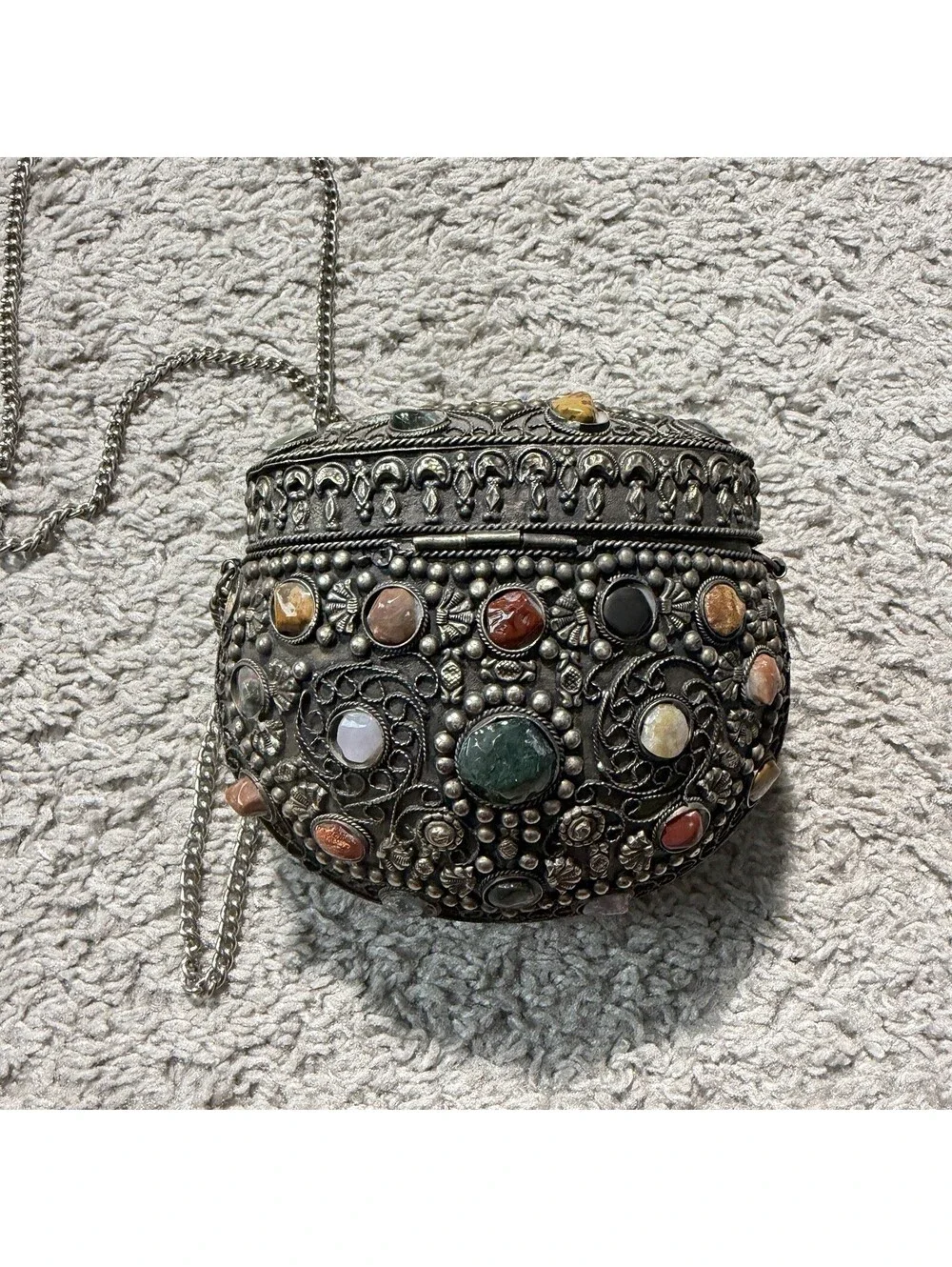 Vintage Sajai Metal Crossbody Purse with Natural Agate Stones Chain Strap